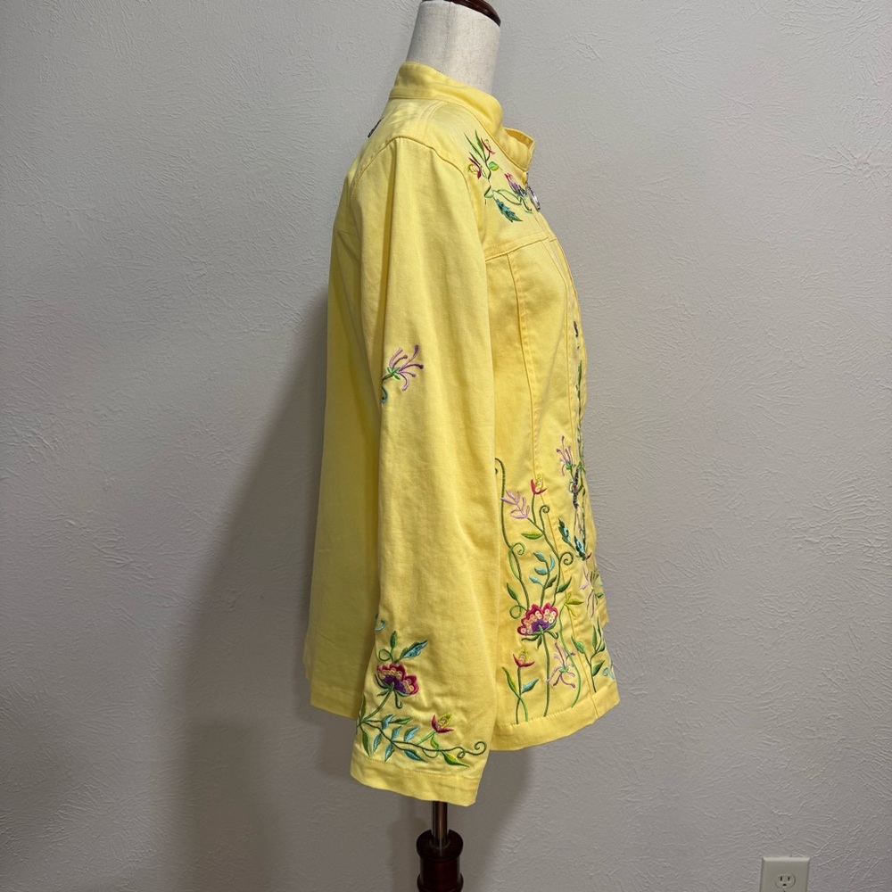 Quacker Factory Embroidered Yellow Floral Zip-Front Jacket Size L - Picture 4 of 11